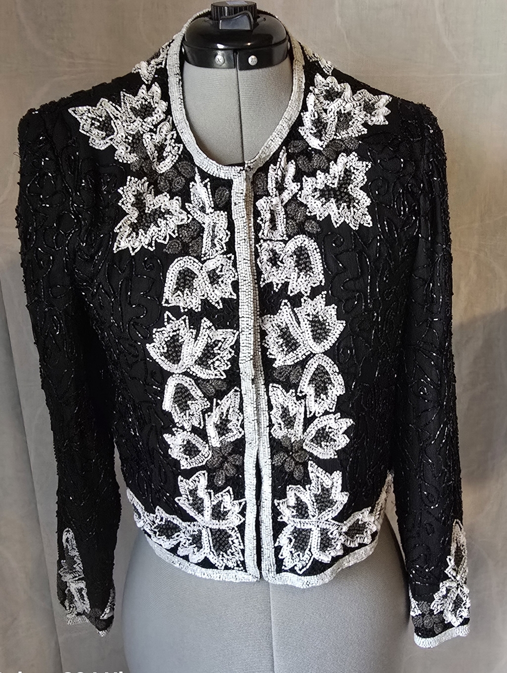 NIGHT VOGUE Black Beaded Cropped Jacket with White Leaf Embroidery